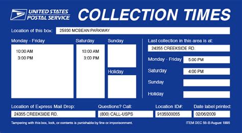 United states postal service pickup times - Tuesday 9:00am - 1:00pm. Wednesday 9:00am - 1:00pm. Thursday 9:00am - 1:00pm. Friday 9:00am - 1:00pm. Saturday Closed. Sunday Closed. [+] Services Offered at this location. Visit our Links Page for Holiday Schedule, Change of Address, Hold Mail/Stop Delivery, PO Box rentals and fees, and Available Jobs.